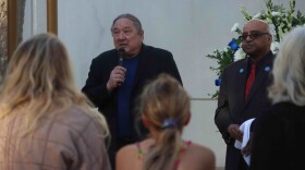 Cal State San Bernardino Professor Stuart Sumida, left, and Dr. Sastry Pantula, the dean of CSUSB’s College of Natural Sciences, speaking during the college's annual remembrance ceremony at the Peace Garden near the Chemical Sciences building on Tuesday, Dec. 2, 2025.