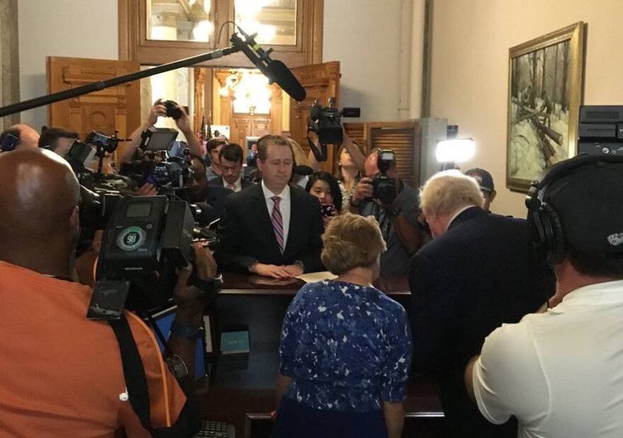 Secretary of State Connie Lawson accepts the official withdrawal of Gov. Mike Pence Friday morning, July 15, 2016.