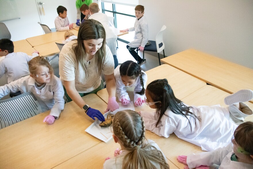 Girls gather around to watch a frog dissection at the Community Health Center of Southeast Kansas. It's part of a spring break camp aimed at introducing them to jobs in health care.