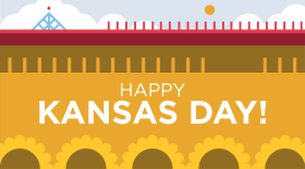 a stylized graphic stating "Happy Kansas Day" with a border of sunflowers across the bottom of the frame