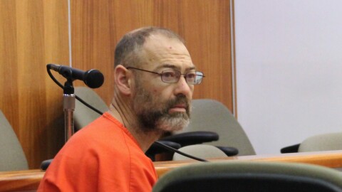 Aaron "Scott" Merritt looks at attendees at his arraignment hearing on Tuesday, Nov. 4, 2025 in Kenai, Alaska.