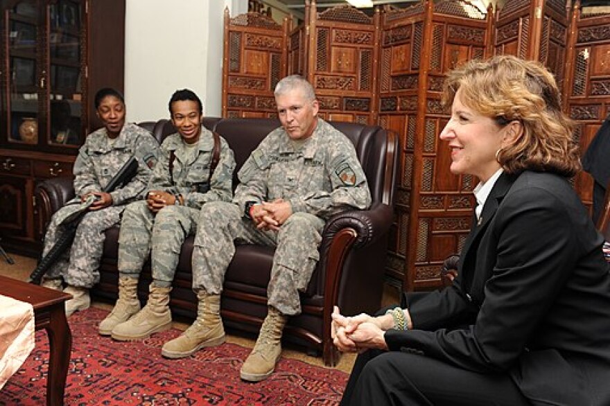 Former U.S. Senator Kay Hagan at Camp Eggers in 2010, visiting with service members.