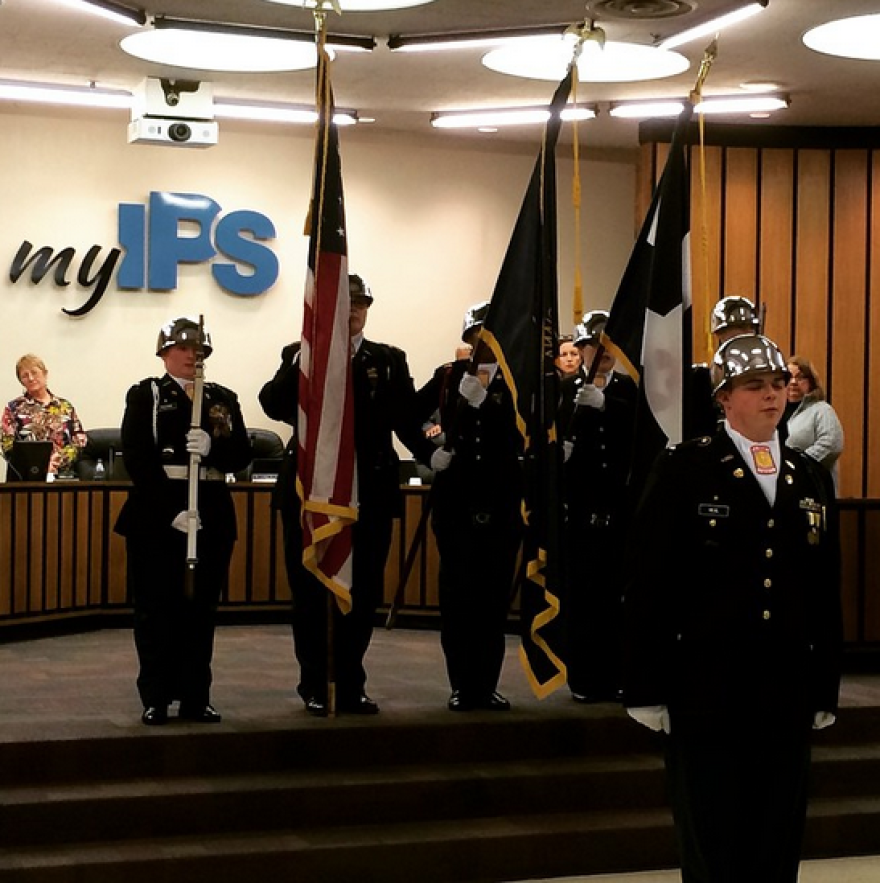 Arsenal Tech JROTC present the colors at an IPS School Board meeting,