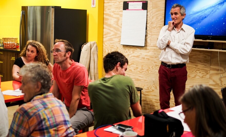 Richard McLachlan, a member of the climate group Extinction Rebellion, teaches a workshop in Brooklyn to prepare budding proselytizers to deliver their own subway climate talks.