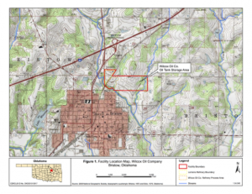 A map from the EPA shows the location of the 125-acre Wilcox Oil Company Superfund site near Bristow, Okla.