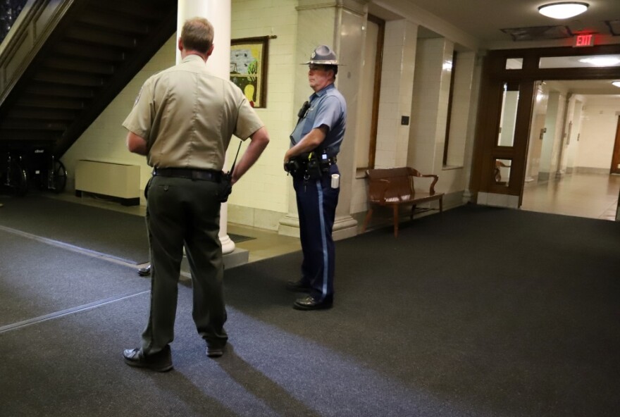 An increased number of Massachusetts State Police are on duty at the Statehouse in Boston. 