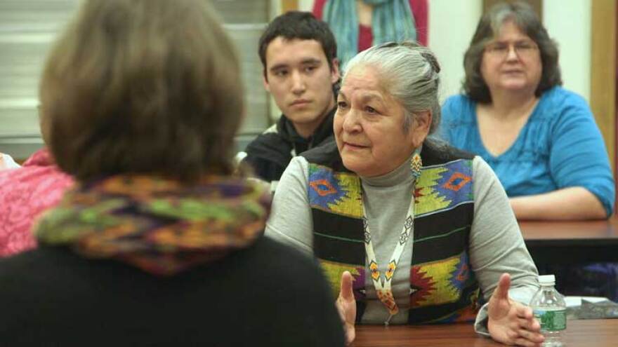 Passamaquoddy Tribal Member Georgina Sappier-Richardson speaks up during a private community meeting for Passamaquoddy tribal members to share stories with the Maine Wabanaki-State Child Welfare Truth and Reconciliation Commission at Motahkmikuk.