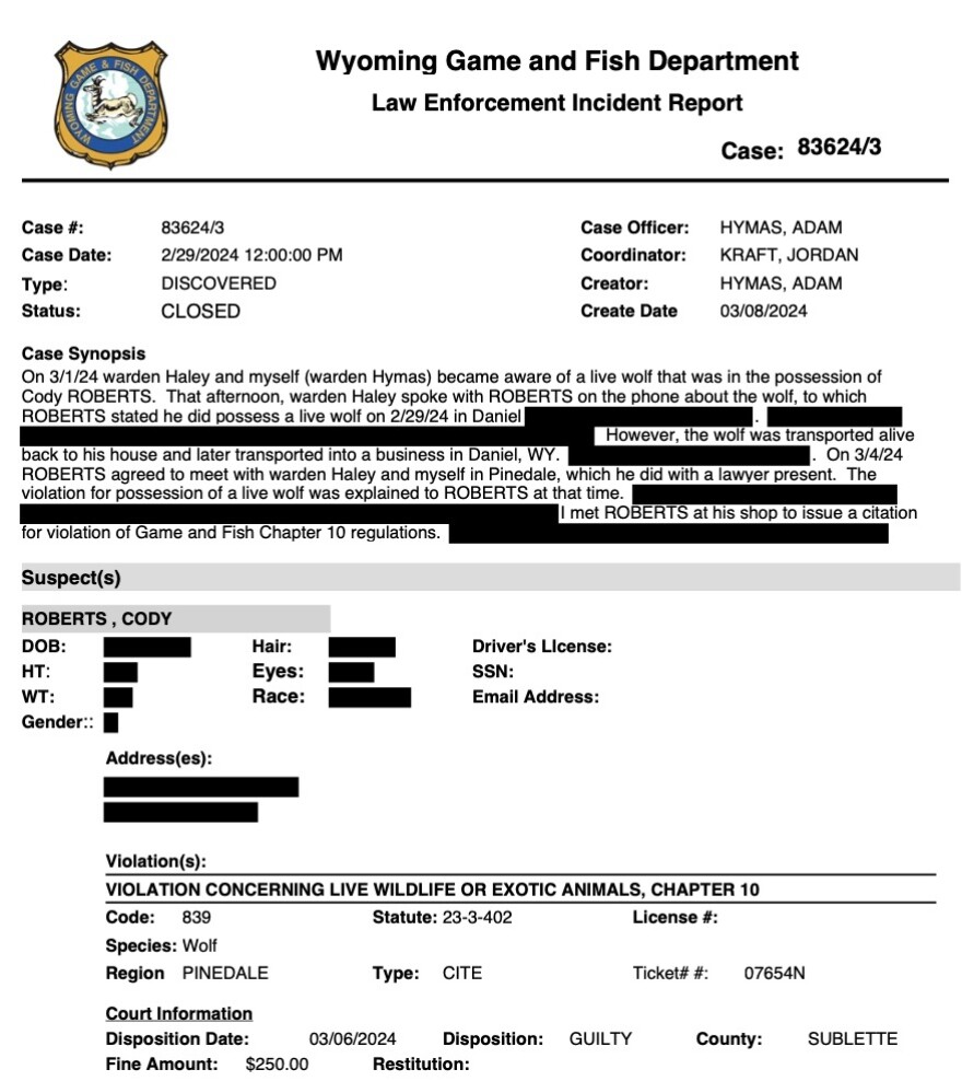 A copy of a Wyoming Game and Fish Department report with sentences redacted.