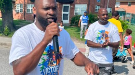 Anthony Clary (left) and Clay Marquez from Community First prepare to kick off the Victory Over Violence 2K on Saturday morning.
