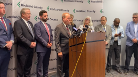  Officials including Rockland County Executive Ed Day, center, speaking Monday during a livestreamed press conference.