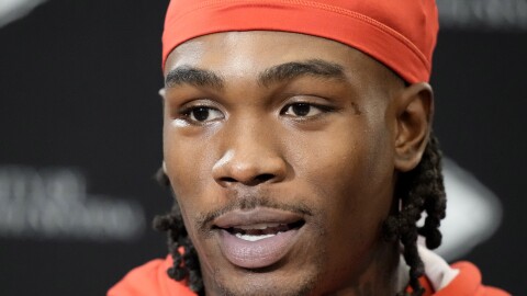 Kansas City Chiefs wide receiver Rashee Rice speaks to the media before the NFL football team's practice Thursday, Jan. 25, 2024, in Kansas City, Mo.