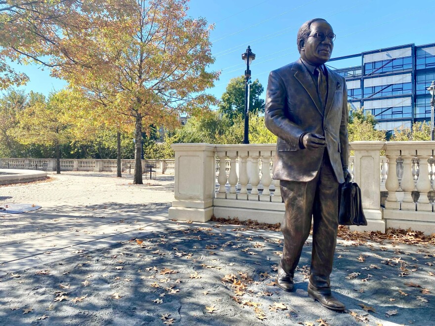  The new statue of Julius Chambers is seen on Charlotte's Little Sugar Creek Greenway near Kings Drive on Nov. 1, 2021.