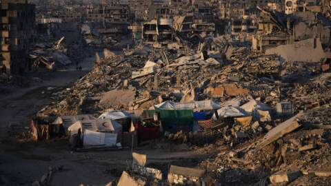 Tents for displaced Palestinians stand amid the destruction caused by the Israeli air and ground offensive in Sheikh Radwan neighborhood in Gaza City, Wednesday, Oct. 22, 2025. (Abdel Kareem Hana/AP)
