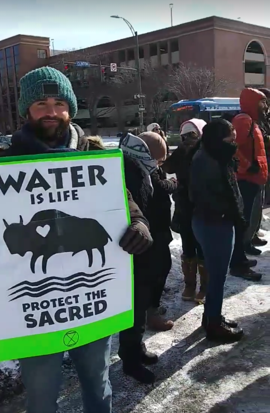 Protesters gathered in downtown Rochester on Feb. 15 in support of Wet'suwet'en land sovereignty.