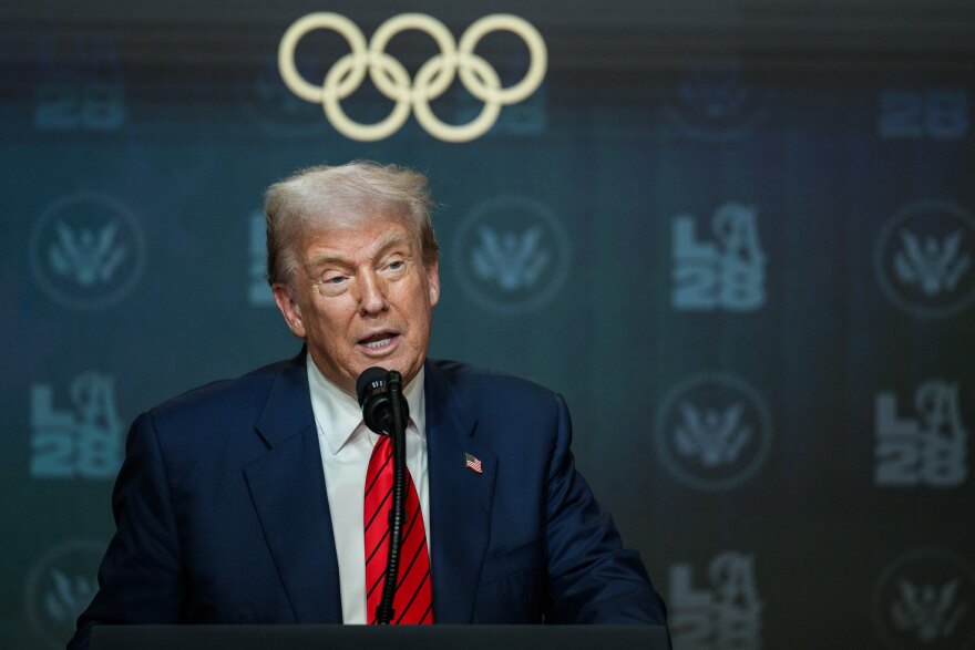 President Donald Trump delivers remarks before signing an executive order creating a task force for the 2028 Los Angeles Olympics on Tuesday, Aug. 5, 2025, at the White House.