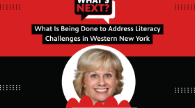 Red background with a thick black stripe in the middle. In the top corner is "EPISODE 347" in white text. then, centered from top to bottom, is: What's Next? logo, "What Is Being Done to Address Literacy Challenges in Western New York", then a photo of Anne Ryan with her name underneath.