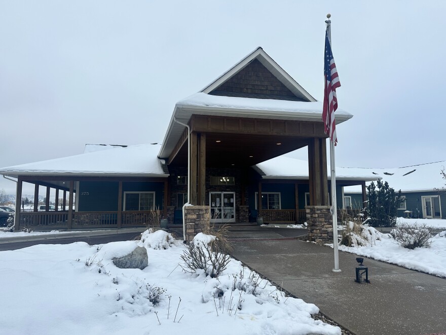 Snow covers the ground on Dec. 4, 2024 at the assisted living facility Kim Hilton now lives at in Columbia Falls, MT. Hilton says he doesn't know that he would survive another winter living in his truck.