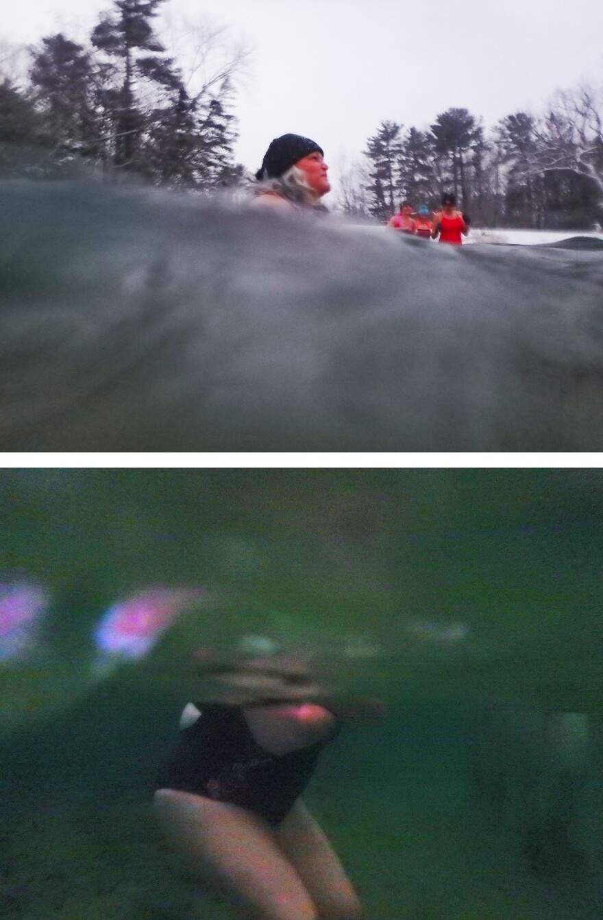 Two photos stacked on top of each other, one of a woman's shoulders and head above water, and she's wearing a bathing suit and winter hat. In the second photo, it's of her torso and legs underwater.