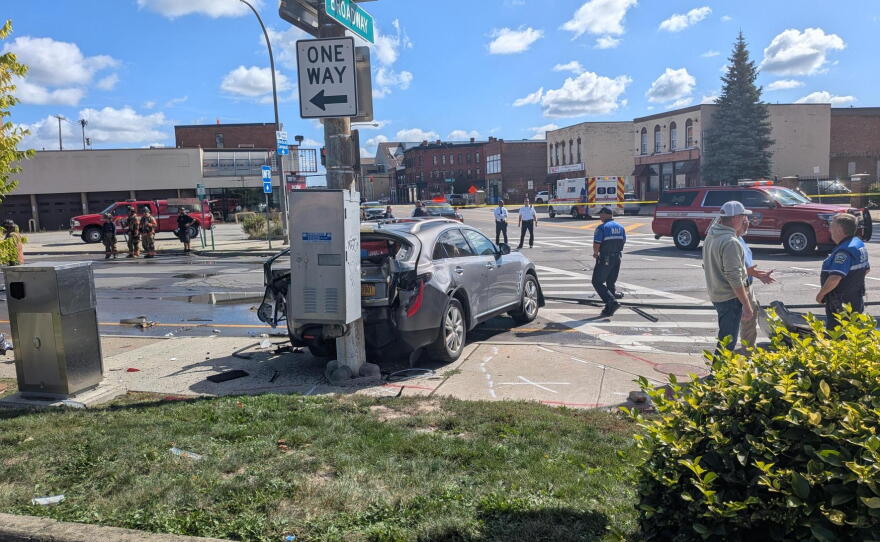An SUV and a tanker truck carrying water collided on Broadway and Elm St. in downtown Buffalo Friday, September 18, 2026 shortly before 11:00 a.m.