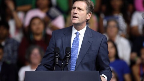 U.S. Congressman Greg Stanton speaking at a campaign rally for Vice President Kamala Harris at Desert Diamond Arena in Glendale on Aug. 9, 2024.