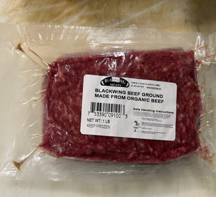 A recall has been issued for 16-oz. packages containing a VACUUM-PACKED package of "BLACKWING ORGANIC MEATS ORGANIC GROUND BEEF."