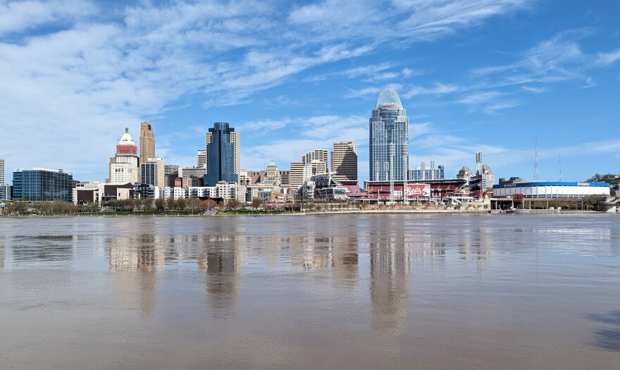 cincinnati skyline as seen with Ohio River in the foreground