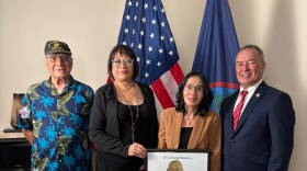 Del. James Moylan's press conference for the nomination to award late Sgt. Maj. Juan Ogo Blaz the Medal of Honor. Left to right: Col. Danny Santos, Darlene and Dionisia "Marylou" Blaz, and Del. James Moylan.