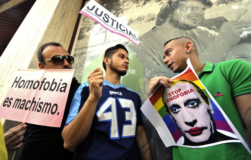 Demonstrators protest against homophobia and repression of gays in Russia, in front of the Russian Embassy in Madrid on August 23, 2013.