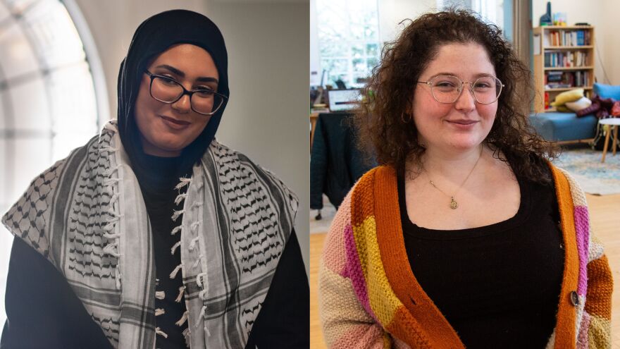 Raneen Salha, pictured at the Waterman building at the University of Vermont, and Sarah White, pictured at UVM Hillel before she graduated, discussed their thoughts, feelings and personal connections to the war between Israel and Hamas.