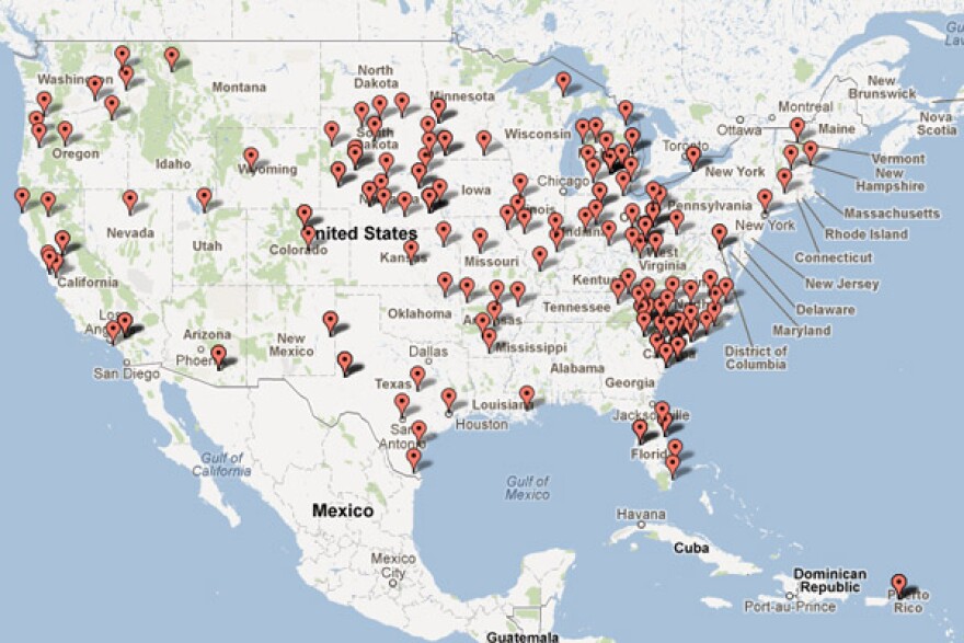 Map of U.S. with about 150 markers