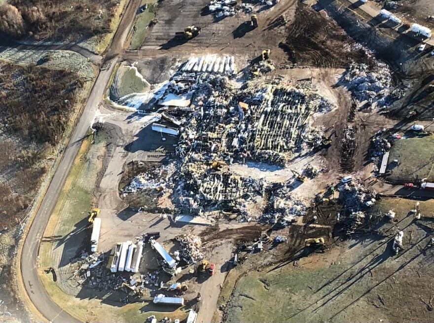 An aerial shot of the collapsed Mayfield Consumer Products factory.