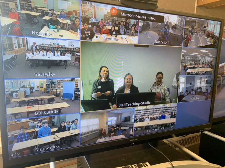 Northwest Arctic Borough School District Superintendent candidates Terri Walker (center square, middle) and Pauline Harvey (center square, right) field questions from students across the district via teleconference. (Wesley Early/KOTZ )
