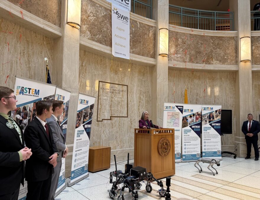 Gov. Michelle Lujan Grisham spoke at STEM Day in the Roundhouse on Feb. 18, 2026, and told attendees she’s proud of the state’s growth in technological fields, such as fusion, fission and quantum. “This is the state that split the atom — this is the state that’s going to put it back together,” she said. (Joshua Bowling/Source NM)