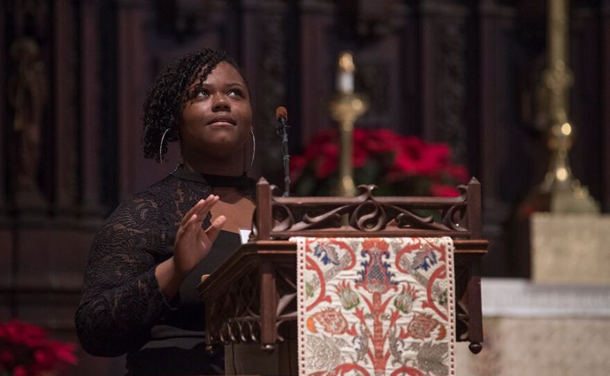 Quinica Garrett, a 18 year old senior from Cleveland, delivers the speech that won her the senior division of the oratory contest.