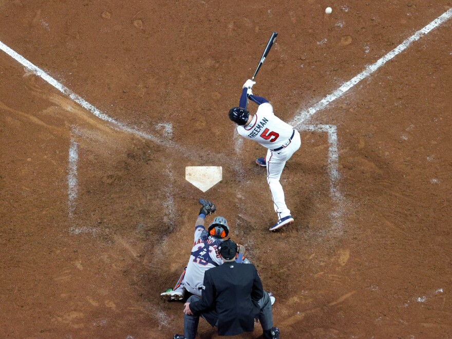Freddie Freeman of the Atlanta Braves bats against the Houston Astros during Game Five of the World Series in October.