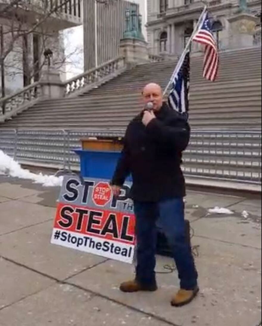  Lewis County Sheriff Mike Carpinelli at a Stop the Steal rally in Albany on Jan. 6, 2021, shown in a screenshot from a Facebook live video.