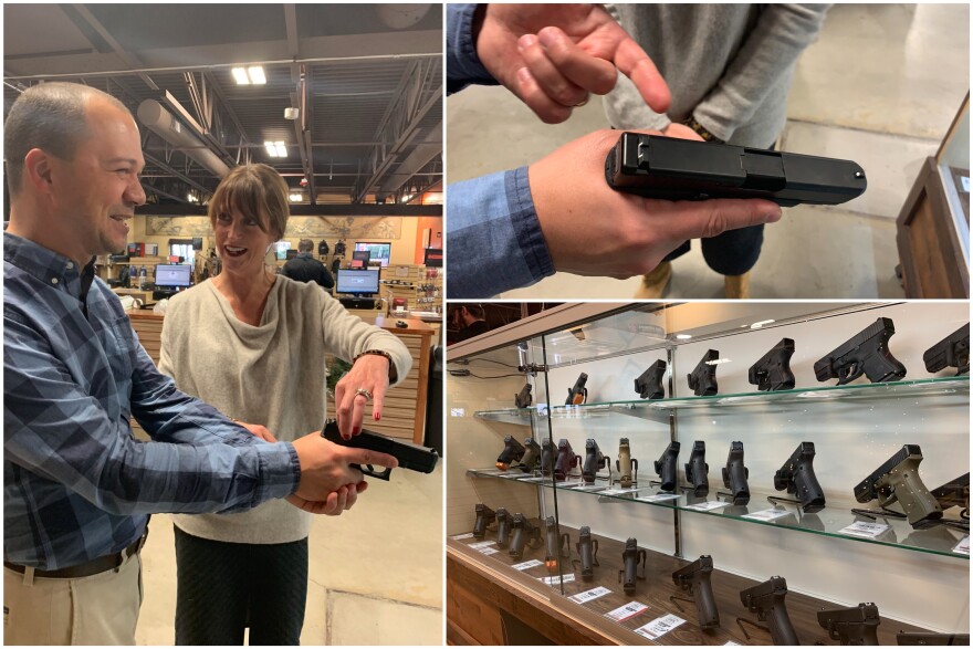 Clockwise from left: Dr. Erik Wallace and Jacquelyn Clark, owner of Bristlecone, a gun shop and range near Denver, Colo. Top right: Wallace holds a gun as he and Clark discuss safety. Bottom right: A selection of handguns at Bristlecone.