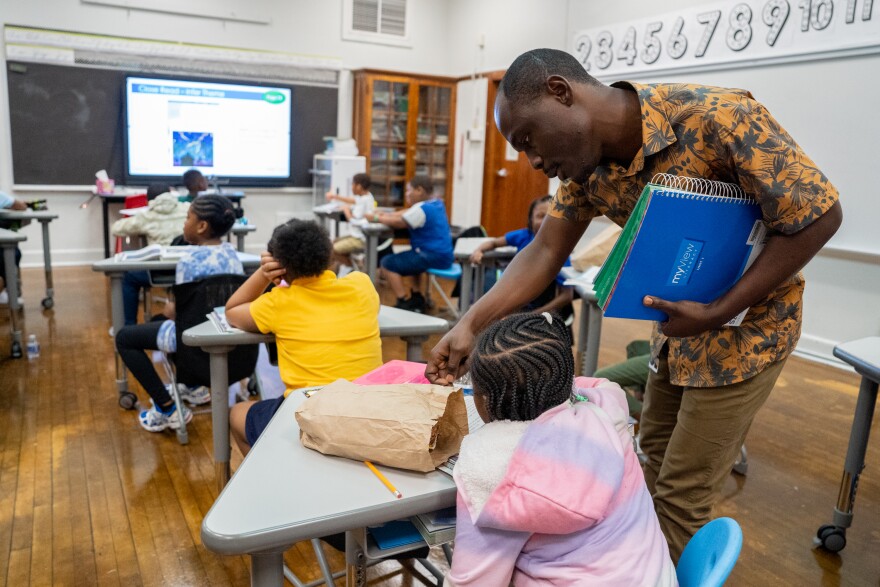 Seth Owusu teaches his third grade class on Sept. 5, 2024, at Dewey International Studies Elementary School in St. Louis' Hi-Pointe neighborhood.