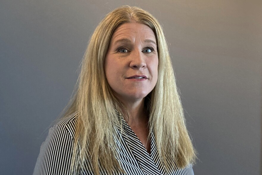 Republican state Rep. Amy Loudenbeck poses in her campaign office in Madison, Wis., on Friday, Aug. 26, 2022. Loudenbeck is running for secretary of state in Wisconsin and is trying to unseat long-time Democratic incumbent Doug La Follette in November .(AP Photo/Todd Richmond)