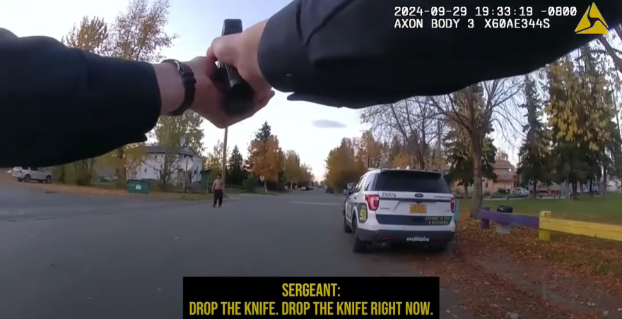 Police body camera footage of an encounter between an Anchorage officer and 24-year-old James Afuvai. Afuvai was shot and killed after running towards an officer with a knife. (Anchorage Police Dpartment)