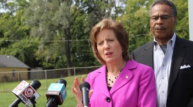 Republican U.S. Rep. Vicky Hartzler (foreground) and Democratic Rep. Emanuel Cleaver speak after a September meeting at the Kansas City VA Medical Center