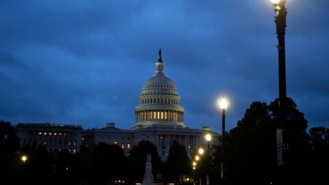 Early morning cloudy skies over the U.S. Capitol during the eighth day of the government shutdown on Oct. 8, 2025, in Washington, D.C.
