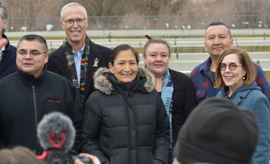  Secretary of the Interior Deb Haaland (center) spoke at the Iron Gate fish hatchery along the Klamath River about the Klamath dam removal and river restoration. 