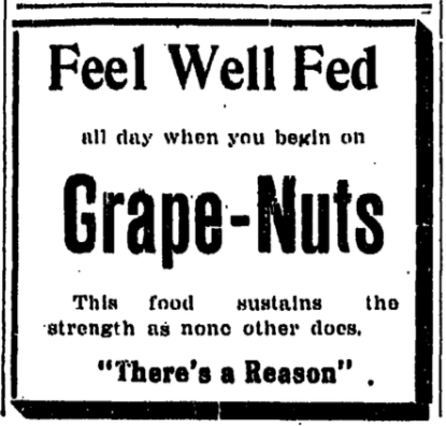 An early 20th century newspaper ad for Grape Nuts