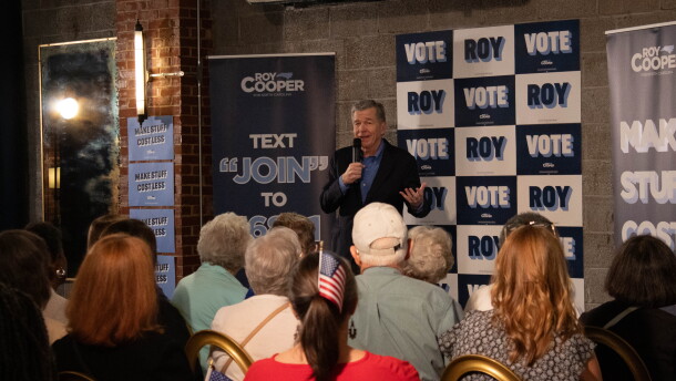 Roy Cooper spoke to an audience at Robert Hall on Thursday, October 8.