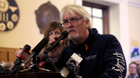 Arthur Barnard, of Topsham, speaks during the Jan. 3 gun safety rally at the Maine State House. Barnard's son, Arthur Strout, was one of 18 people killed in the Lewiston shootings last October.