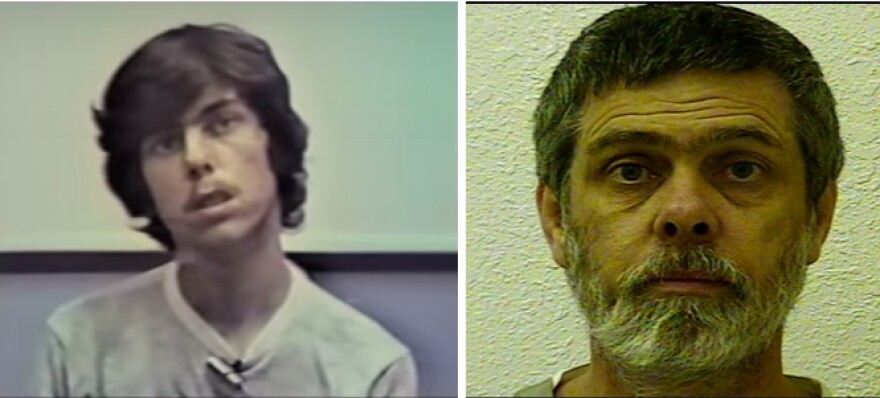 Karl Fontenot is seen in a police interview recording in the 1980s, left, and in a 2014 prison mugshot, right.