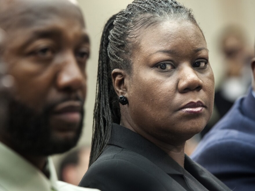 Trayvon Martin's parents, Tracy Martin and Sybrina Fulton, listen during a forum of Democratic members of the House Judiciary Committee on Tuesday.