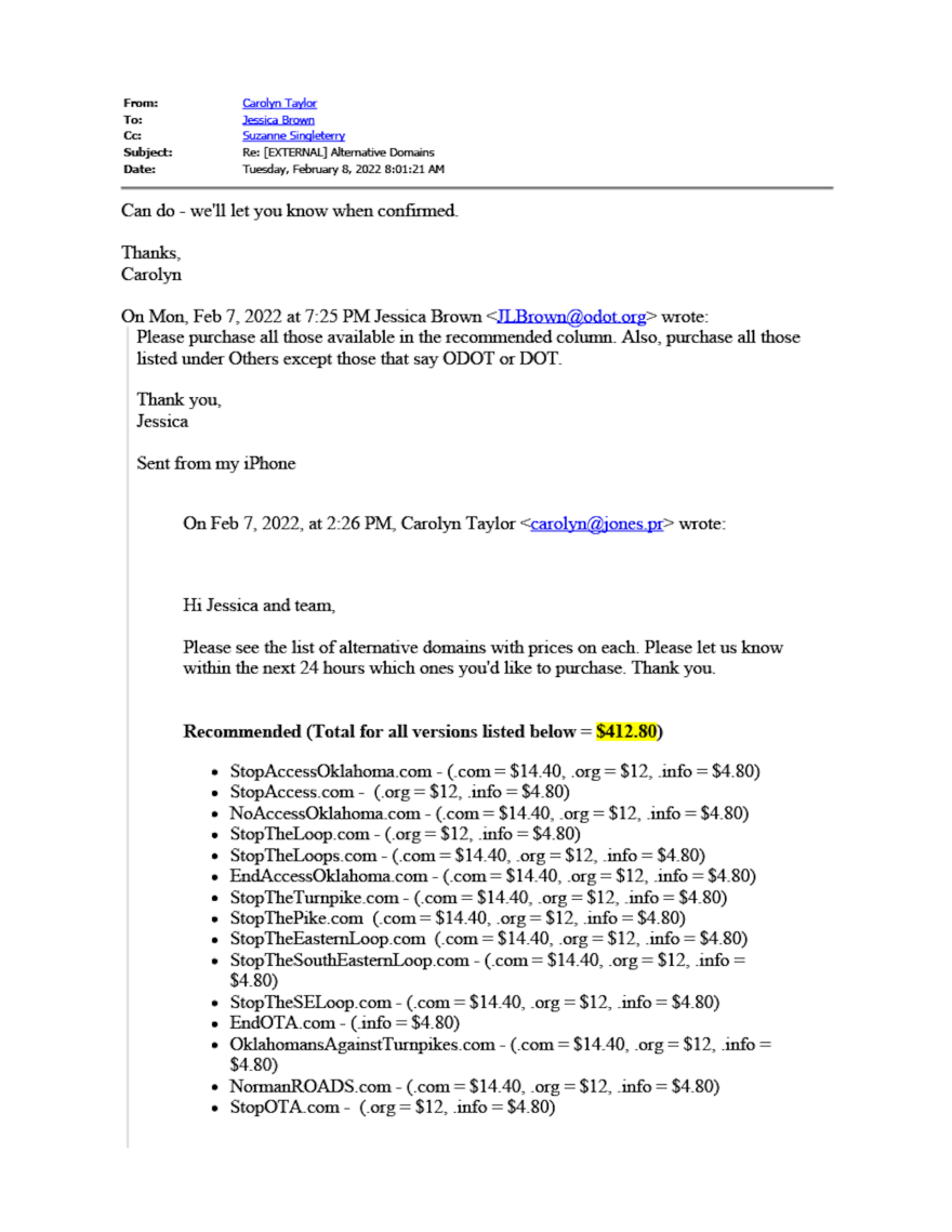 An email showing the OTA’s domain purchases ahead of the ACCESS Oklahoma rollout in February.