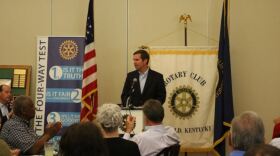Gov. Andy Beshear shares his thoughts with the Mayfield Rotary Club on the community's ongoing efforts to recover from the December tornado outbreak.
